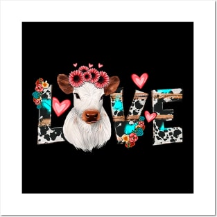 Floral Calf Love Cow Print Western Valentines Day Calf Mom Posters and Art